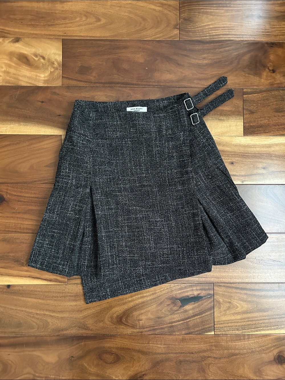 Max Studio Black Tweed Mini Skirt with Double Buckle Straps